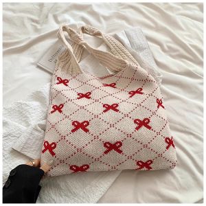 กระเป๋าผ้าสำหรับผู้หญิงสไตล์ใหม่ถักเย็บปักถักร้อย Bowknot Lady Holiday สไตล์ไหล่ Tote กระเป๋า