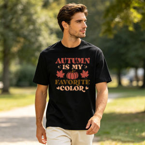 Autumn Pumpkin Maple Leaf Slogan Print Tee Fall Casual Men Short Sleeve Cotton Regular Fit Streetwear Seasonal Novelty Tops
