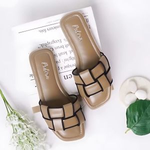 Sandal Selop Wanita Motif Catur Elegan | Sol Karet Nyaman | Sandal Flat Santai | Promo Murah