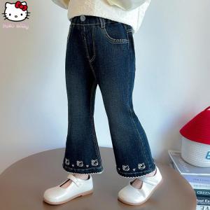 Christmas gifts Halloween Anime Hello Kitty Girls Jeans Sanrio Spring Autumn New Kawaii Cartoon Childrens Fashion Sweet Embroidered Bellbottom Pants