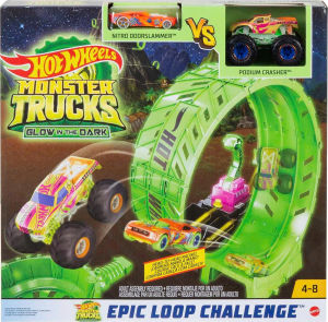 Hot Wheels Monster Trucks Glow in the Dark Epic Loop Challenge với vòng xoay neon xe Nitro Doorslammer và Podium Crasher phù hợp cho trẻ em từ 4-8 tuổi.