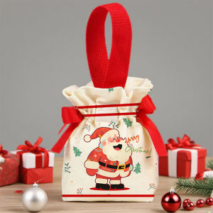 [Habilulu] Christmas Canvas Drawstring Bag Christmas Candy Gift Packaging Bag Cartoon Handbag For Apple DIY New Year Xmas Home Party Supply