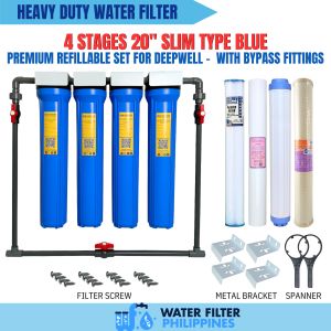 4 Stages 20" Slim Type Blue Water Filter Premium Refillable Set for Deepwell with Bypass Fittings - 3/4" NPT