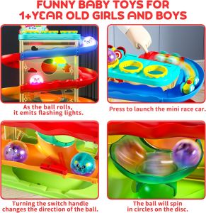 2-in-1 Rolling Ball & Car Ramp Race Track for Toddlers Hammer Ball Drop Toy for Boys & Girls Interactive Playset w/Sensor Lights - Montessori STEM Learning Toys for Kids 1-5+ Year Old