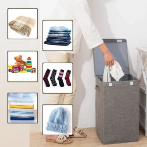 VOYUE แบบพับได้ ตะกร้าเก็บเสื้อผ้า ป้องกันน้ำ ผ้าฝ้ายและผ้าลินิน ตะกร้าผ้าสกปรก ใหม่ พร้อมฝาครอบพกพา กล่องเก็บผ้า ถังเก็บของ