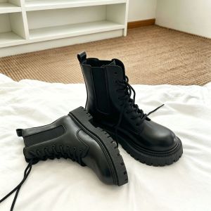 Free Shipping Black WomenS Autumn Thick-Soled Lace-Up Ankle Boots Fashionable And Slimming