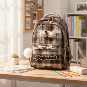 Balo đi học nữ caro kèm mặt gấu kitty siêu đáng yêu mã 8016 size 46*32cm