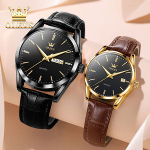 OLEVS jam tangan couple pasangan terbaru 2024 tahan air ori mewah kulit kuarsa kasual yang elegan jam tangan pria+jam tangan wanita