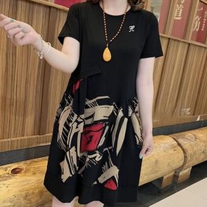 Fake Two-piece Dress for Women 2023 Summer New Print Patchwork Fashion Loose Dress