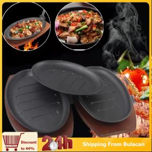 10 Inch Sizzling Plate with Wooden Base Sisig Plate Cast Iron Pan Non-Stick Steak Steak Grill Plate