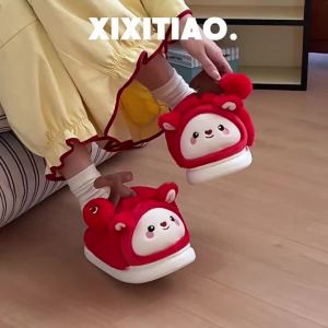 XIXITIAO Casual Cherry Kitten Student Bedroom Warm Women 2025 New Cotton Slippers Winter ins Fleece-Lined Home Shoes