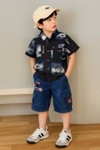 Setelan kemeja anak cowok lengan pendek celana jeans cargo pendek dari usia 1 tahun sampai 12 tahun//bisa COD-satu setel kemeja motif daun celana pendek cargo terlaris//pakaian anak cowok baju surfing kekinian
