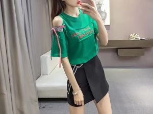 chaochao shop ขายดีเสื้อยืดแฟชั่นผู้หญิง เย็บปักถักร้อยลาย I Dont Care แต่งเว้าไหล่ผูก ผ้าเนื้อดี สวยเก๋มาก สไตล์เกาหลี #HAN SY SOCIETY