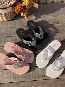 [Free Shipping] Plus-Size Rhinestone Flip-Flops For Women New Summer Style Thick-Soled Vacation Wedge Beach Sandals