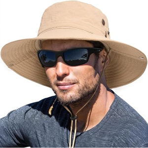 Wide Brim Sun Hat Windproof Drawstring Outdoor Boonie Hat for Fishing Hiking Travel UV Protection