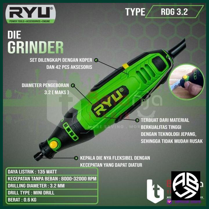 RYU MINI DIE GRINDER LISTRIK RDG 3.2 MESIN GRAFIR TUNER DRILL BOR MINI - ABINAYA7