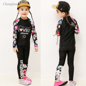 Rash Guards for Kids Girls Children Two Pieces Swimwear with Swim Cap Swimming Outfit for Child White or Black with Flowers Letter Pattern Long Sleeve Beachwear for Baby 2-10 Y