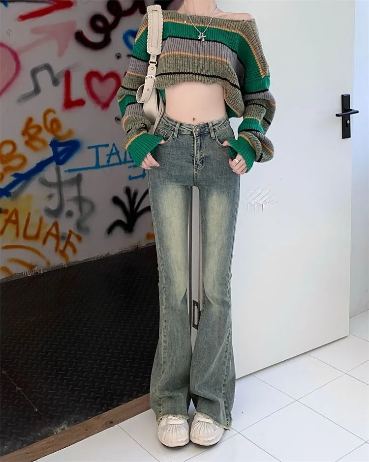 Flare Jeans Women Skinny High Waist Aesthetic Y2k Clothes Denim Trousers  Vintage Washed Retro Mopping Korean