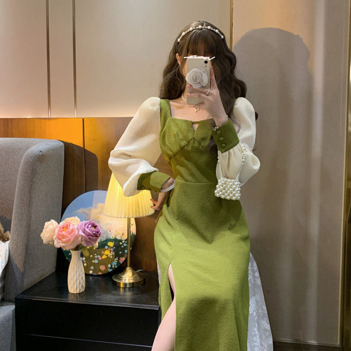 Green Retro Dress for Women Korean Style Square Neck High Waist Slimming Slit Cute Sweet Party Longdress | Lazada PH Green Retro Dress for Women Korean Style Square Neck High Waist Slimming Slit Cute Sweet Party Longdress | Lazada PH