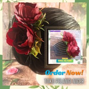 Sirkam Rambut Wanita Korea -Sirkam Bunga Red Peony -Hiasan Rambut Sanggul- Jepit Rambut Sanggul