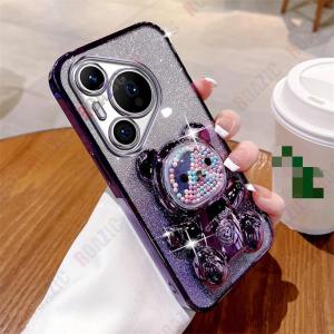 ROAZIC Cute Candy Bear Bracket For Huawei Pura 70/Huawei Pura 70 Pro/Huawei Pura 70 Pro+/Huawei Pura 70 Ultra Luxury Glitter Paper Shell Transparent Plated Protection Back Cover DS05