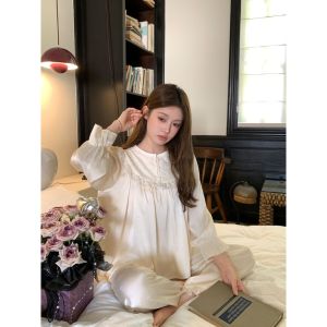 HT784 Bộ đồ ngủ lụa cổ tàu phối ren hithot sang chảnhPijama dài tay bo tiểu thư tôn dáng HT784