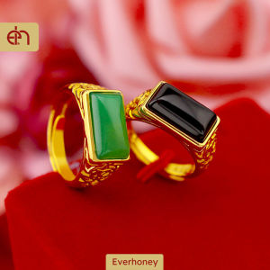 Everhoney Chunky Rectangle Onyx Stone Gold Couple Ring Free Size Anti Scratch Ring Luxury Jewelry for Men and Women