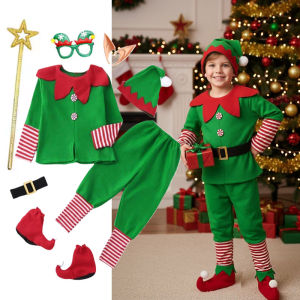 Christmas Green Elf Santa Claus Costume for Boys Cosplay Carnival Party 2026 New Year Fancy Dress Kids Xmas Clothes Set