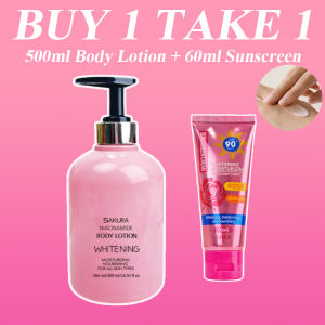 【BUY 1 TAKE 1】Sakura Whitening Moisturizing Body Lotion 500ml + SPF90+ Rose Super Anti-Uv Sunscreen 60ml Uva/Uvb Protection Long-Lasting Fragrance Brightens Skin Moisturizes And Locks Moisture Removes Melanin Moisturizes Skin Facial And Body Skin Care Set