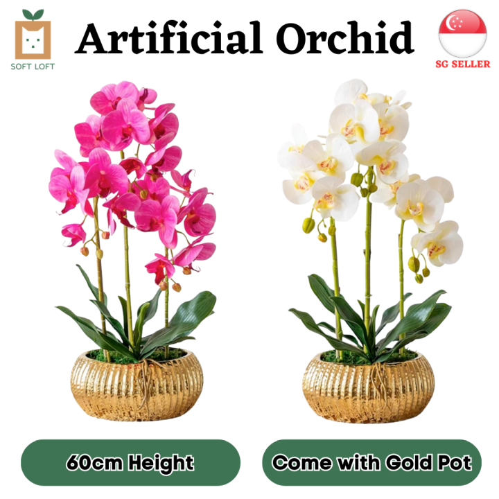 [SG SELLER] Large Artificial Orchid Fake Orchid With Gold Ceramic Pot