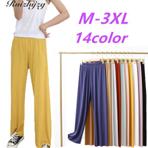 Ruizhijzg M-3XL Ice Silk Women Ladies Home Office Work Formal Summer Modal Elastic Waist Long Wide Leg Straight Cut Loose Pant Trouser Plain Color