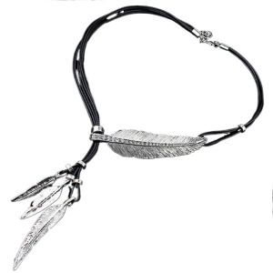 KECTTIO Đá rhinestone Dây chuyền lông vũ vàng Hợp kim Bạc Dây chuyền tua rua bằng da Dây chuyền áo len Đồ trang trí dây chuyền lá Đàn ông
