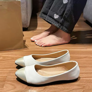 HOU Korean Fashion Flat Pointed Toe In Vegan Leather Doll Shoes With Light Gold Toe Tip   A-55  Size  35-40 (Standard  Fit）