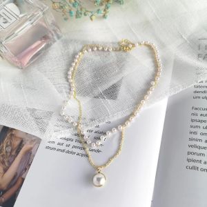 Style Ins Lantai Leher Fashion Double Layer Pearl Necklace Pandant Baroque Jewelry Women 韩国复古叠带双层珍珠项链女ins潮气质简约choker锁骨链颈
