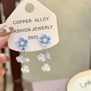 good 999 Fashionable blue flower crystal tassel temperament long earringsES63778