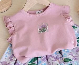 เสื้อผ้าเด็ก รูปแบบการ์ตูน เสื้อกั๊กแขนบิน  กางเกงขาสั้นลายดอกไม้ สไตล์ฤดูร้อนที่เรียบง่าย สำหรับสาว ๆ (ราคาต่อ 1 ตัว)