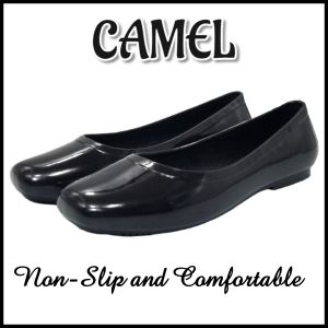 Camel ladies flat heels Non-slip waterproof Glossy look black shoes with box CW-30