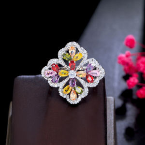 SEQUITO Luxury White Gold Plating Inlaid Shinning Multi color AAA Cubic Zirconia Stones Wedding Band Leaf Ring Exquisite Women Engagement Finger Jewelry for Bride SR077