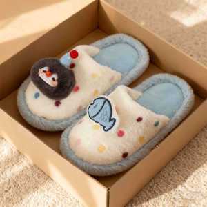 WY-Xixitiao Dép Cotton Nữ phòng ngủ mèo xanh dương và trắng dễ thương phong cách Nhật Bản cho học sinh nhà cửa giày lông đi đất ấm áp mũi kín