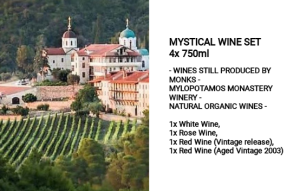 MYSTICAL WINE SET 4x 750ml  - WINES STILL PRODUCED BY MONKS - MYLOPOTAMOS MONASTERY WINERY - NATURAL ORGANIC WINES - 1x White Wine 1x Rose Wine 1x Red Wine (Vintage release) 1x Red Wine (Aged Vintage 2003)