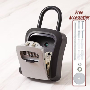 Key Storage Box 4-Digit Combination Lock with Hook Alloy Outdoor Wall Mounted Padlock Storage Box