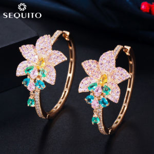 SEQUITO New Fashion Exquisite Large Flower Loop Hoop Earrings with Multicolor CZ Water Drop Tassel Boho Round Jewelry SE265