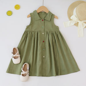 ชุดเดรสผ้าฝ้ายสำหรับเสื้อผ้าเด็กสีสันแข็งแรงของเด็กผู้หญิงชุดเดรสลำลองแขนกุดสำหรับเด็กชุดเดรสหน้าร้อน Balita Perempuan 3 4 5 6 7ปี