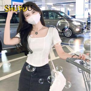 SHUFU 2002 Hàng sẵn sàng ins cổ vuông cộng với kích cỡ ngắn tay áo thun cotton cho nữ quá khổ áo blouse tay ngắn