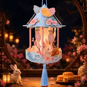 SWEET TIM lantern mid autumn 灯笼中秋节 Cartoon Mid-Autumn Festival Lantern Handmade Chinese Style Glowing Rabbit Lantern Funny DIY Material Kit Handheld Lantern Mid-Autumn Festival
