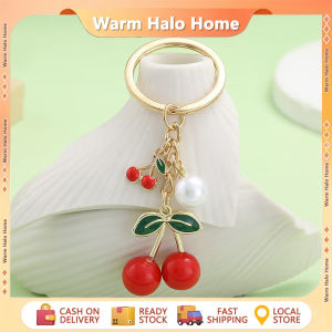 Sweet Red Cherry Keychain Faux Pearl Metal Leaf Keyring Women Girls Handbag Pendant Gift