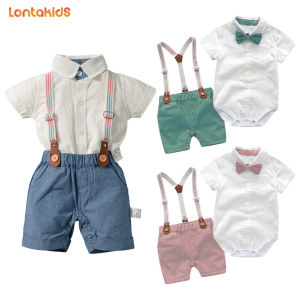 lontakids 0-3 Years Baby Boys Summer Clothes Set Infant Short Sleeve Shirt+Suspender Pants+Bow Tie Formal Suits Birthday Wedding Gentleman Outfits