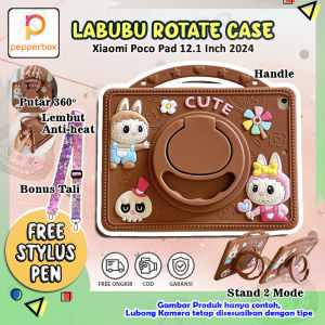 Softcase Xiaomi Poco Pad 12.1 Inch 2024 Casing Anak Kartun Standing Cute Case Kids Cover Skin Pelidung Tablet Anti Air Model Handle Casing Motif Karakter Kartun Labubu Warna Coklat Rotate Putar 360 Kesing Anak Silikon Silicone Lucu Cowok Cewek