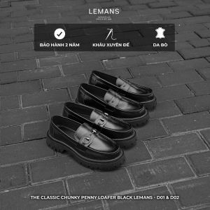 Giày nam Chunky PENNY LOAFER Black LEMANS.2 02 Phiên Bản - Đế cao su thơm 5cm - Da bò - Bảo hành 24T