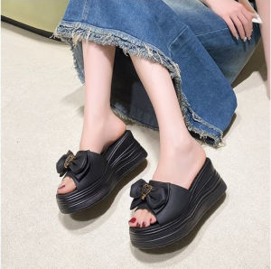 [Free Shipping] WomenS High-Heeled Slippers Summer Thick-Soled Outdoor Fashion Wedge Sandals Versatile Bow-Knot Platform Sandals